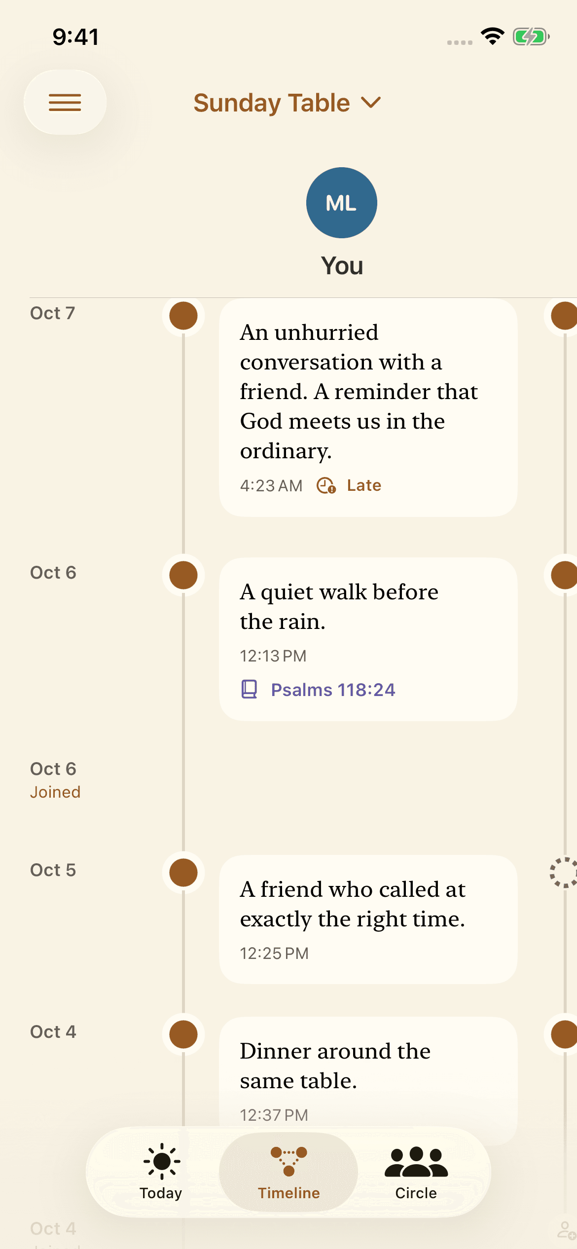 Manna circle timeline showing blessings shared by members of a private circle