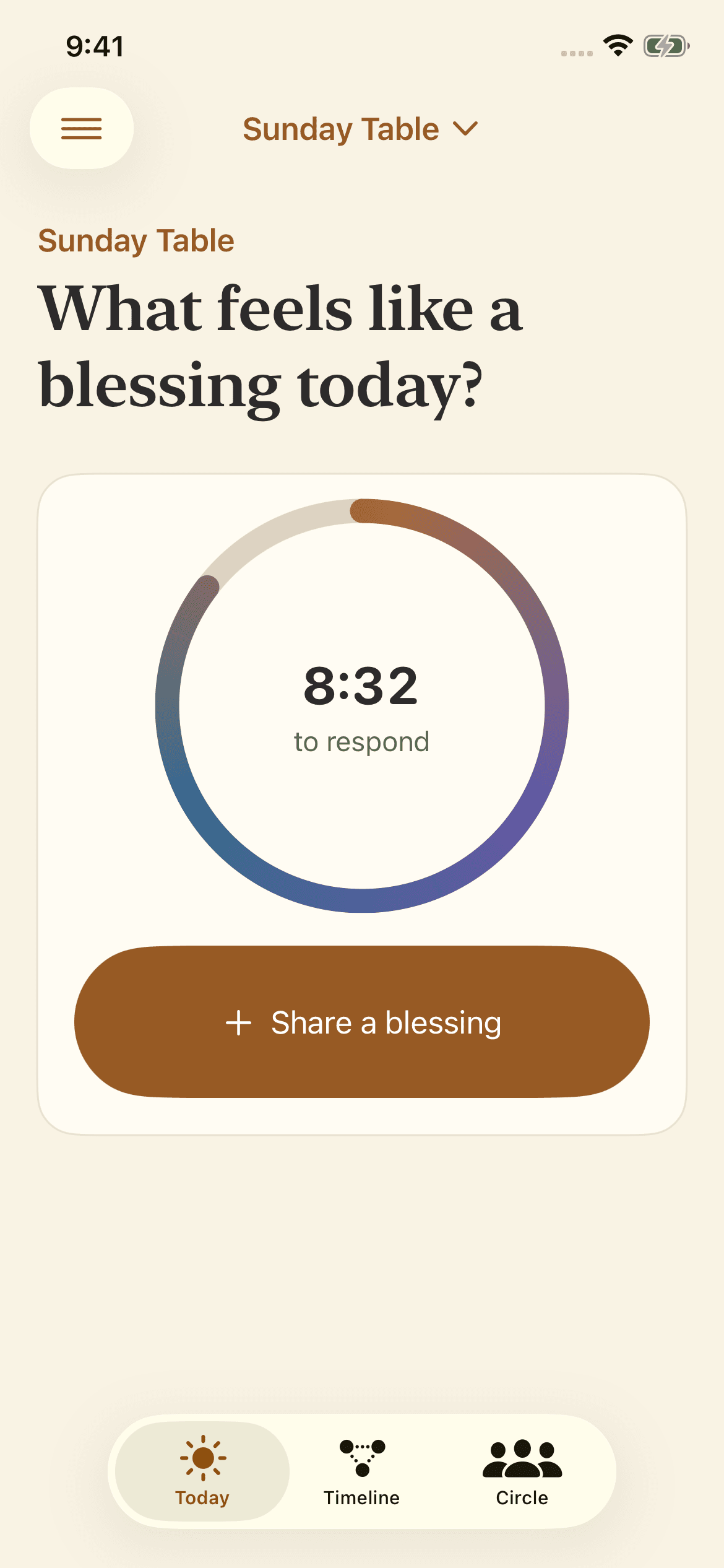 Manna circle Today screen with the daily blessing countdown and Share a blessing button
